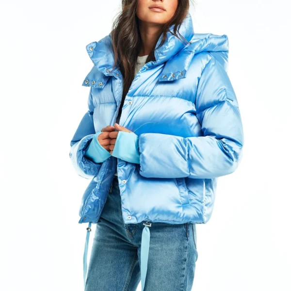 Women's Belted Puffer Jacket - Cinched Waist Winter Coat Blue
