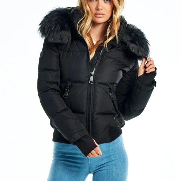 Women's Down Bomber Jacket - 800 Fill Power Insulated Winter Coat Black