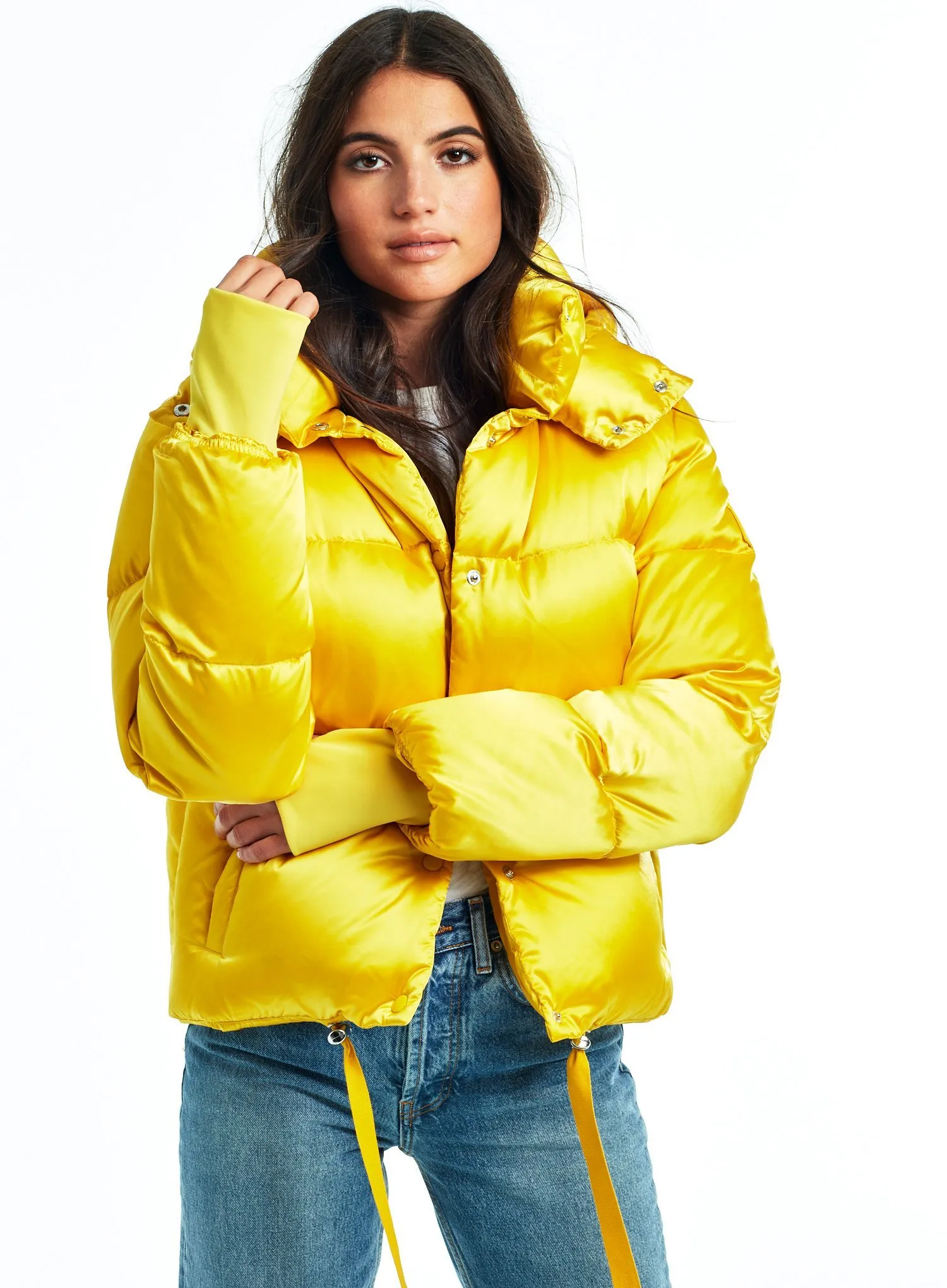 Women's Hybrid Puffer Jacket - Mixed Insulation Winter Coat Yellow Five Oceans Garment Women's Hybrid Puffer Jacket - Mixed Insulation Winter Coat Yellow