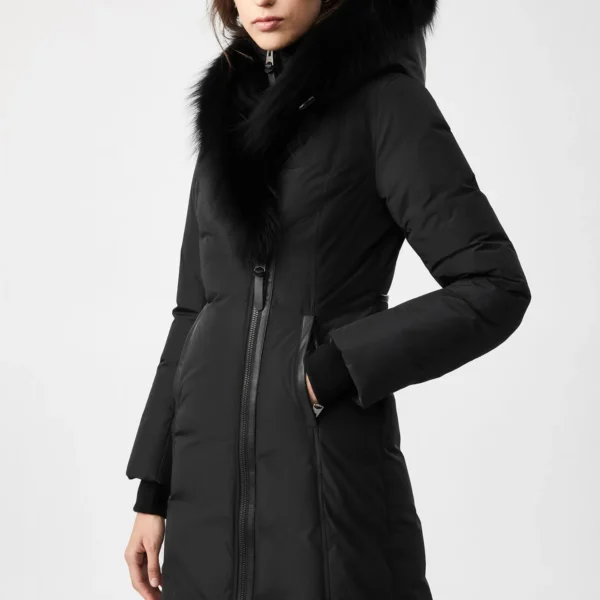 Women's Luxury Down Parka - Premium Leather Trim Winter Jacket Black