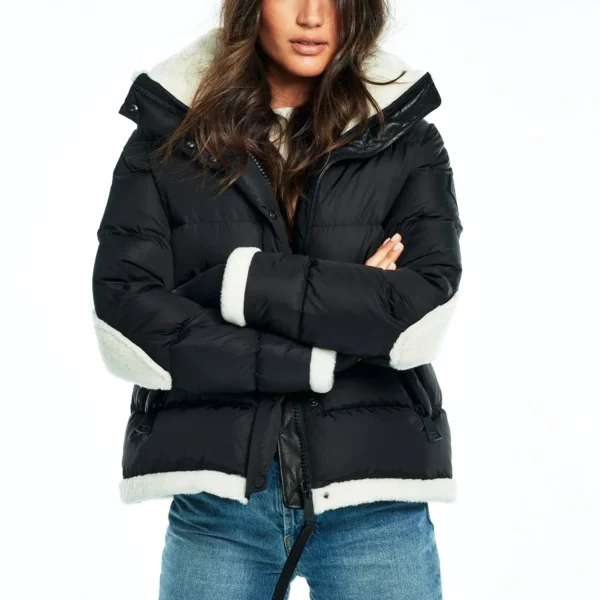 Women's Patterned Puffer Jacket - Printed Winter Coat Black